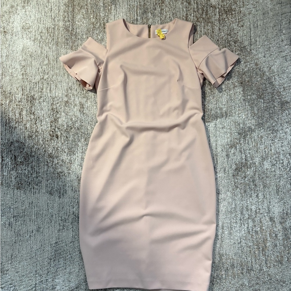 Calvin Klein Blush Pink Midi Dress with Ruffle Sleeves